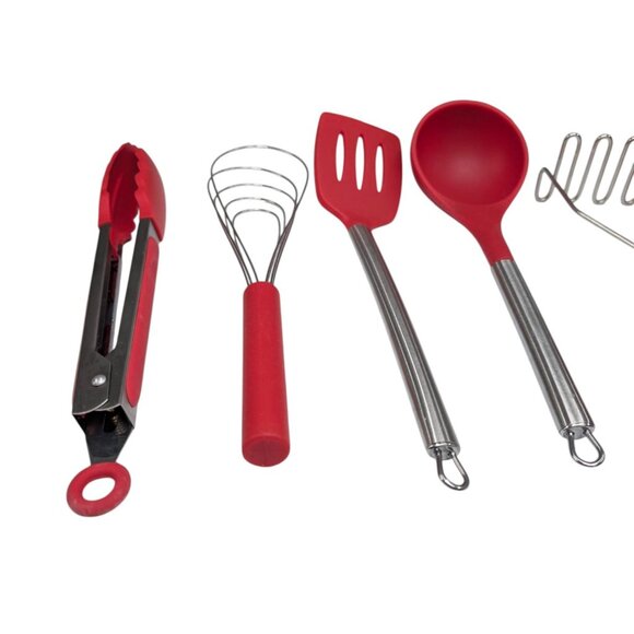 Kitchen Tool LOT OF 9 Red Silicon Tongs Wisk Ladle Spoon Brush Potato Masher - Picture 8 of 10